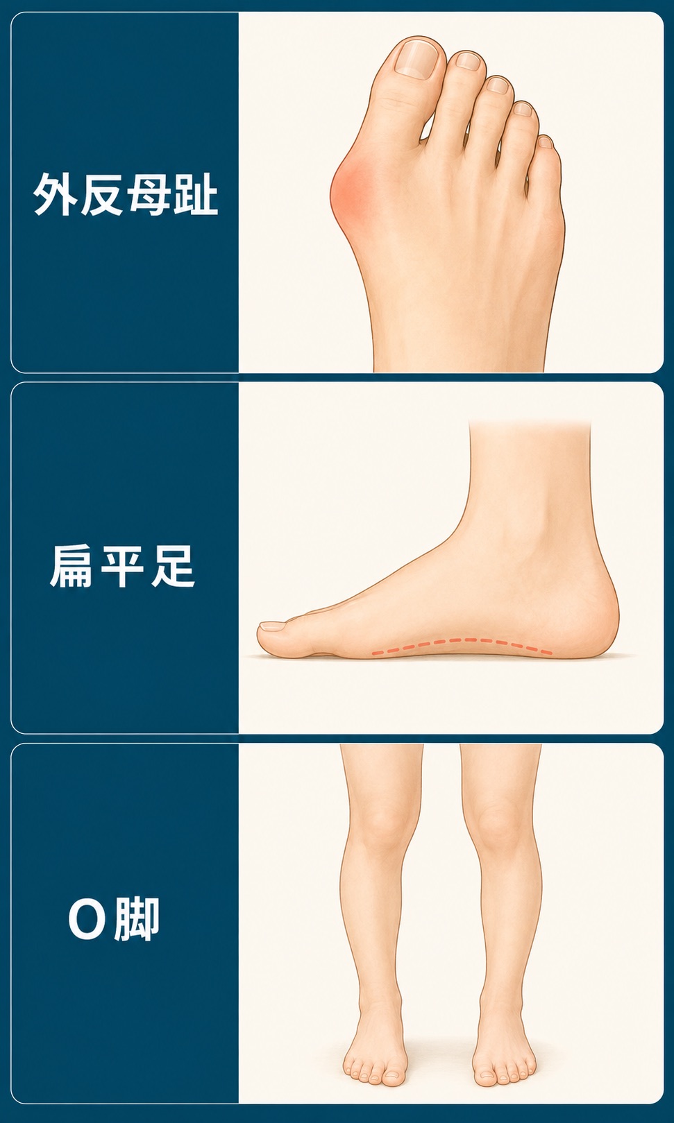 外反母趾・扁平足・O脚の違いを示した比較図