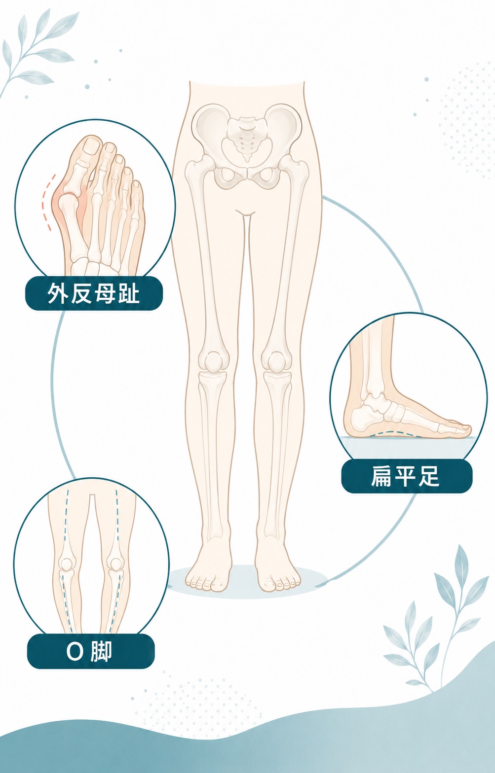 外反母趾・扁平足・O脚が荷重バランスを介して関係することを示した図