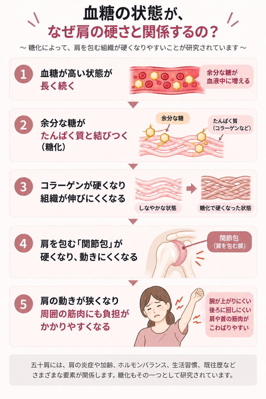 血糖が高い状態から糖化が起こり、コラーゲンや関節包が硬くなって肩の動きに影響する流れ