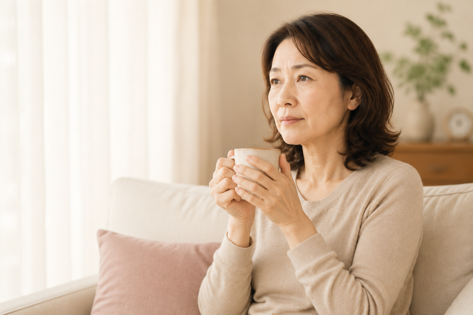 自宅で穏やかに過ごす50代女性