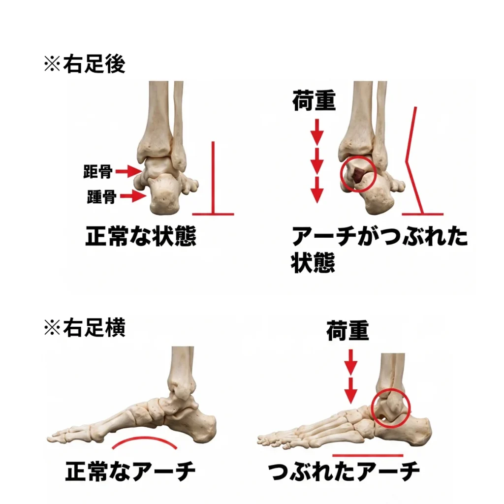 右足を後ろから見た骨格図と横から見た骨格図。荷重がかかったときにアーチが支えきれず内側へ倒れ込む状態の比較