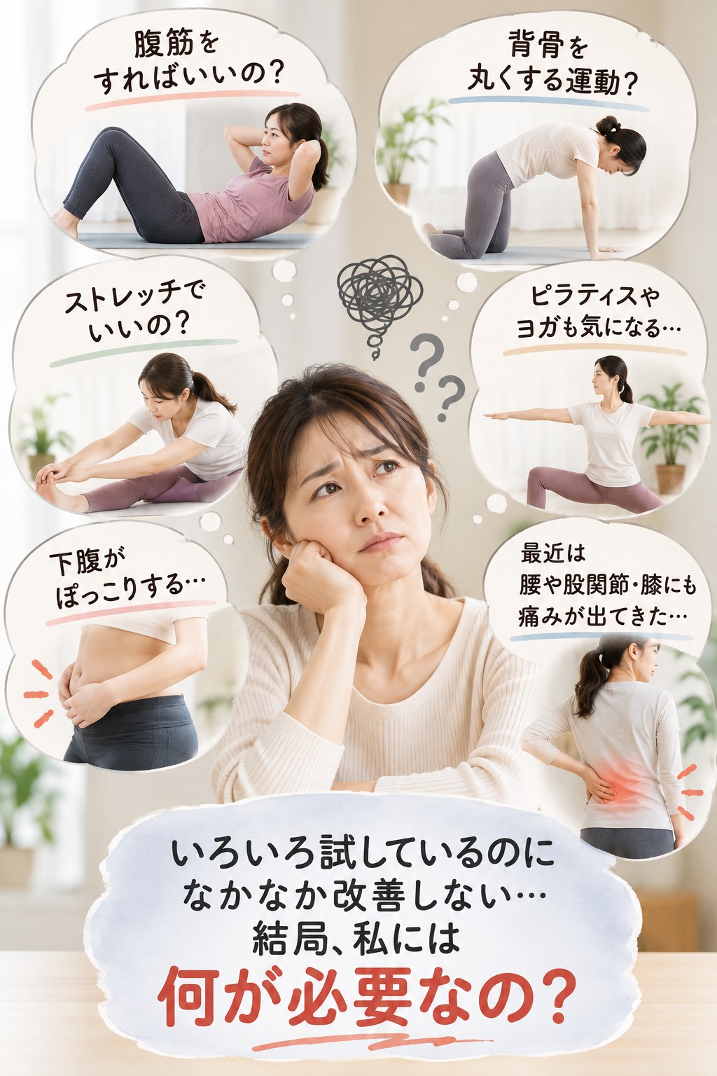 腹筋、背骨を丸くする運動、ストレッチ、ピラティスやヨガを試しても改善せず、下腹のぽっこりや腰・股関節・膝の痛みに悩み、結局何が必要なのかと考える女性